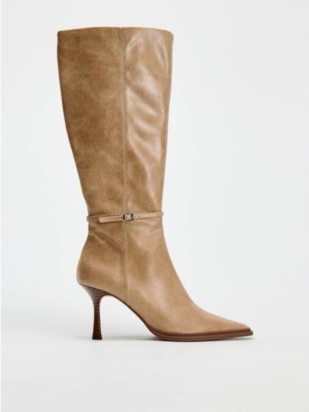 Zara Knee-High Pointed-Toe Leather Boots in Tan